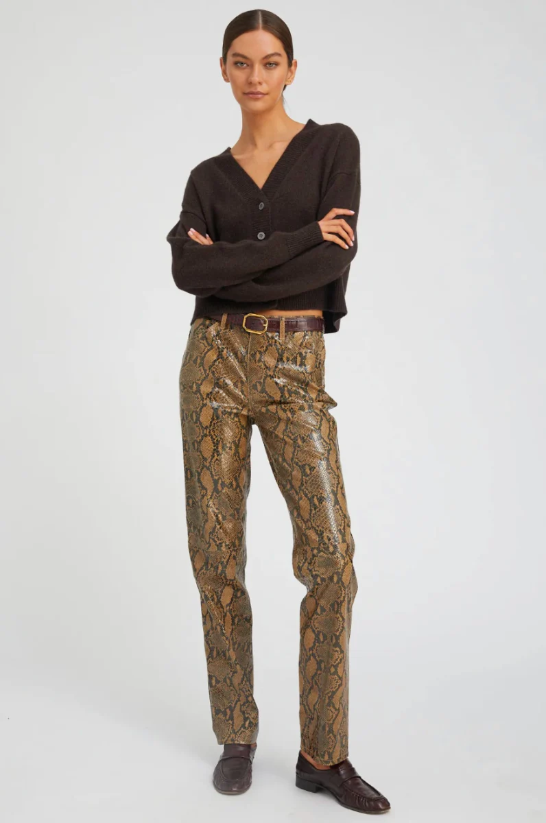 5 Pocket Slim Straight Leather Pants in Tan Python - Image 2