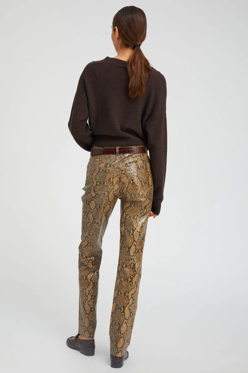 5 Pocket Slim Straight Leather Pants in Tan Python - Image 3