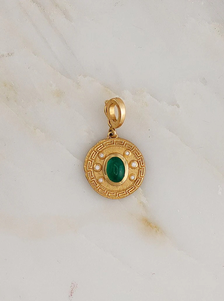 Greek Pattern and Emerald Small Coin Charm