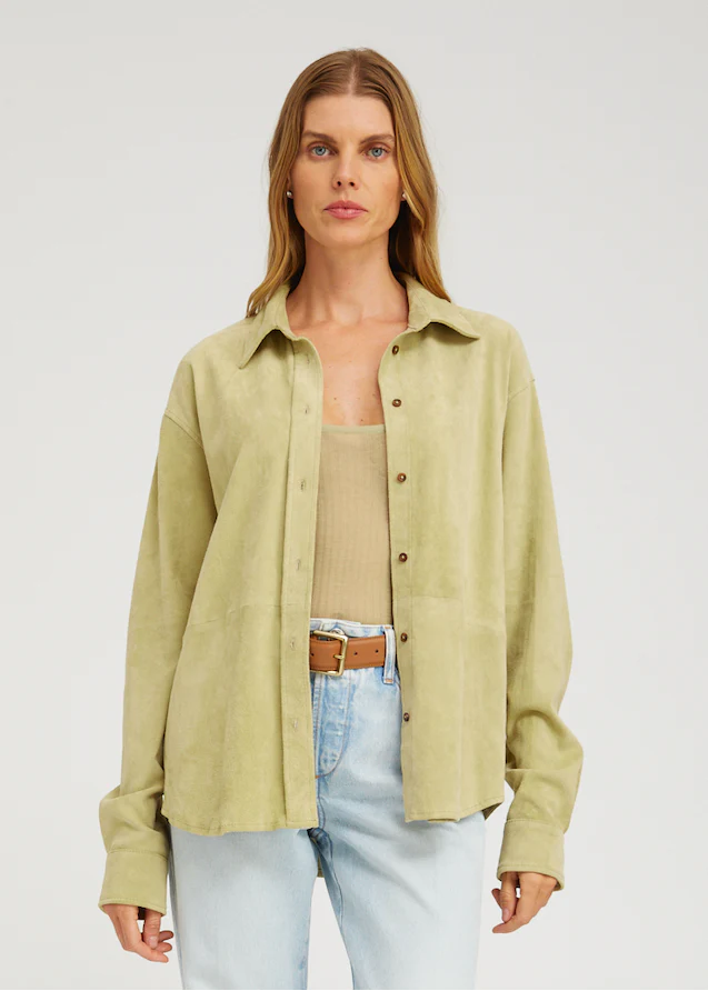 Elise Suede Button Up Shirt in Pistachio - Image 2