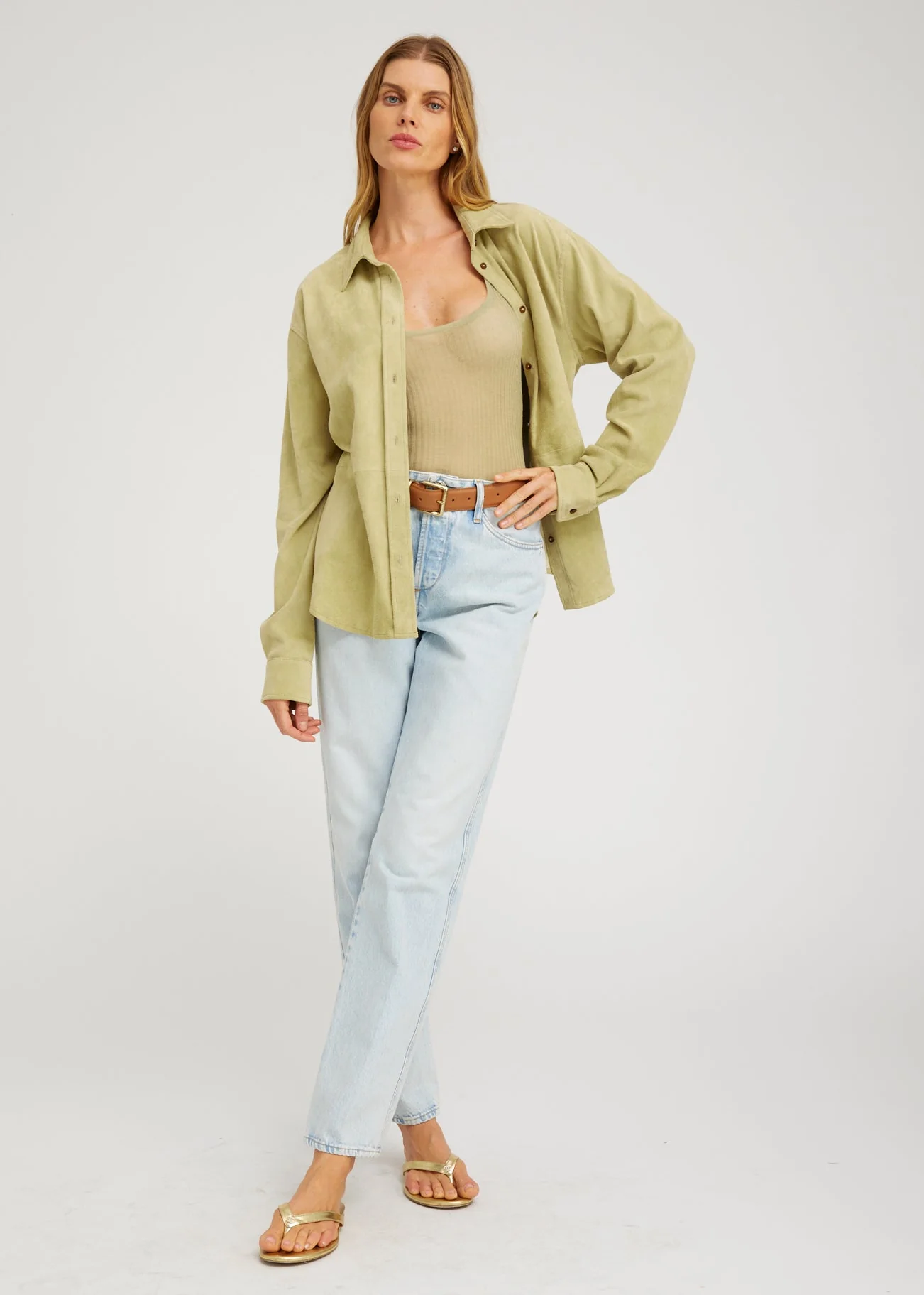 Elise Suede Button Up Shirt in Pistachio - Image 3