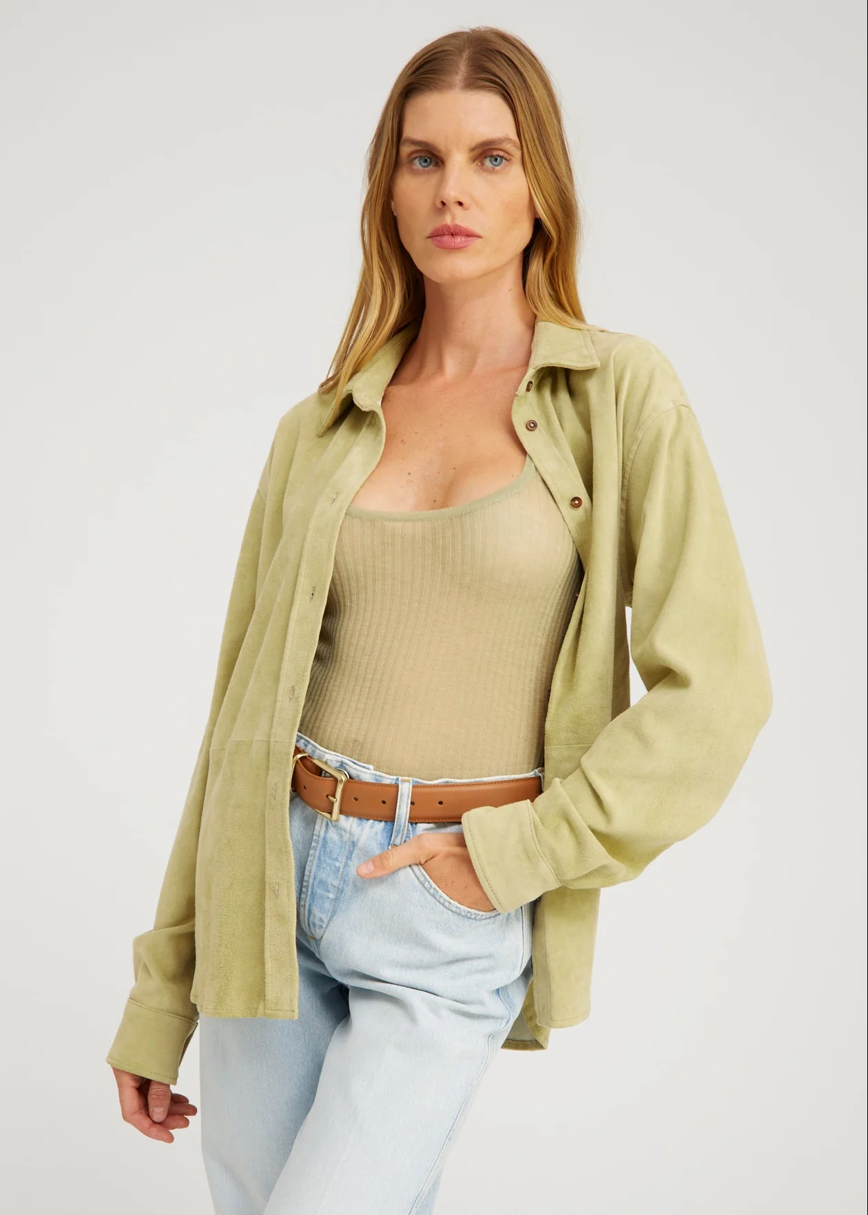 Elise Suede Button Up Shirt in Pistachio - Image 4