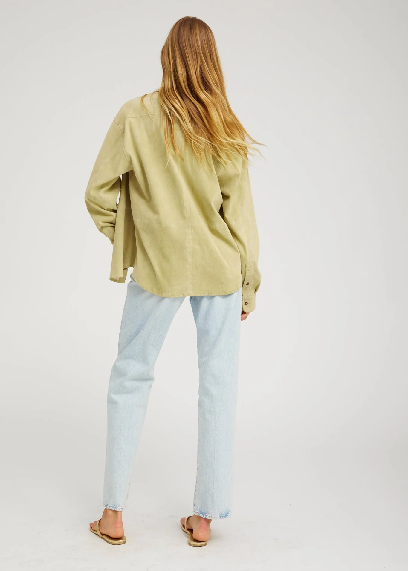 Elise Suede Button Up Shirt in Pistachio - Image 5
