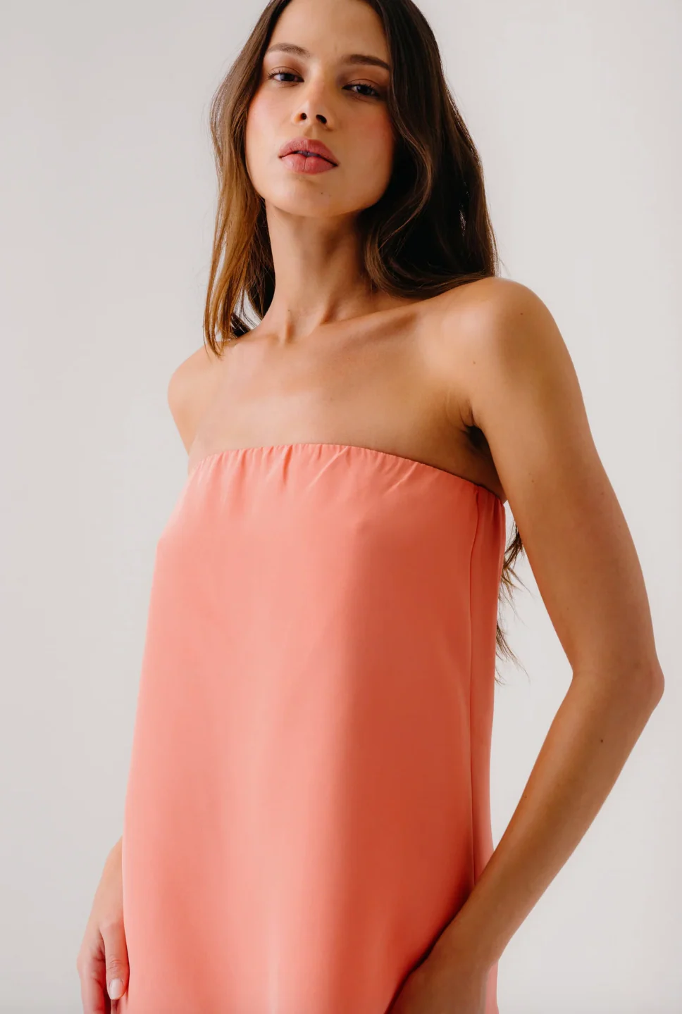 Camden Silk Strapless Top in Melon - Image 2