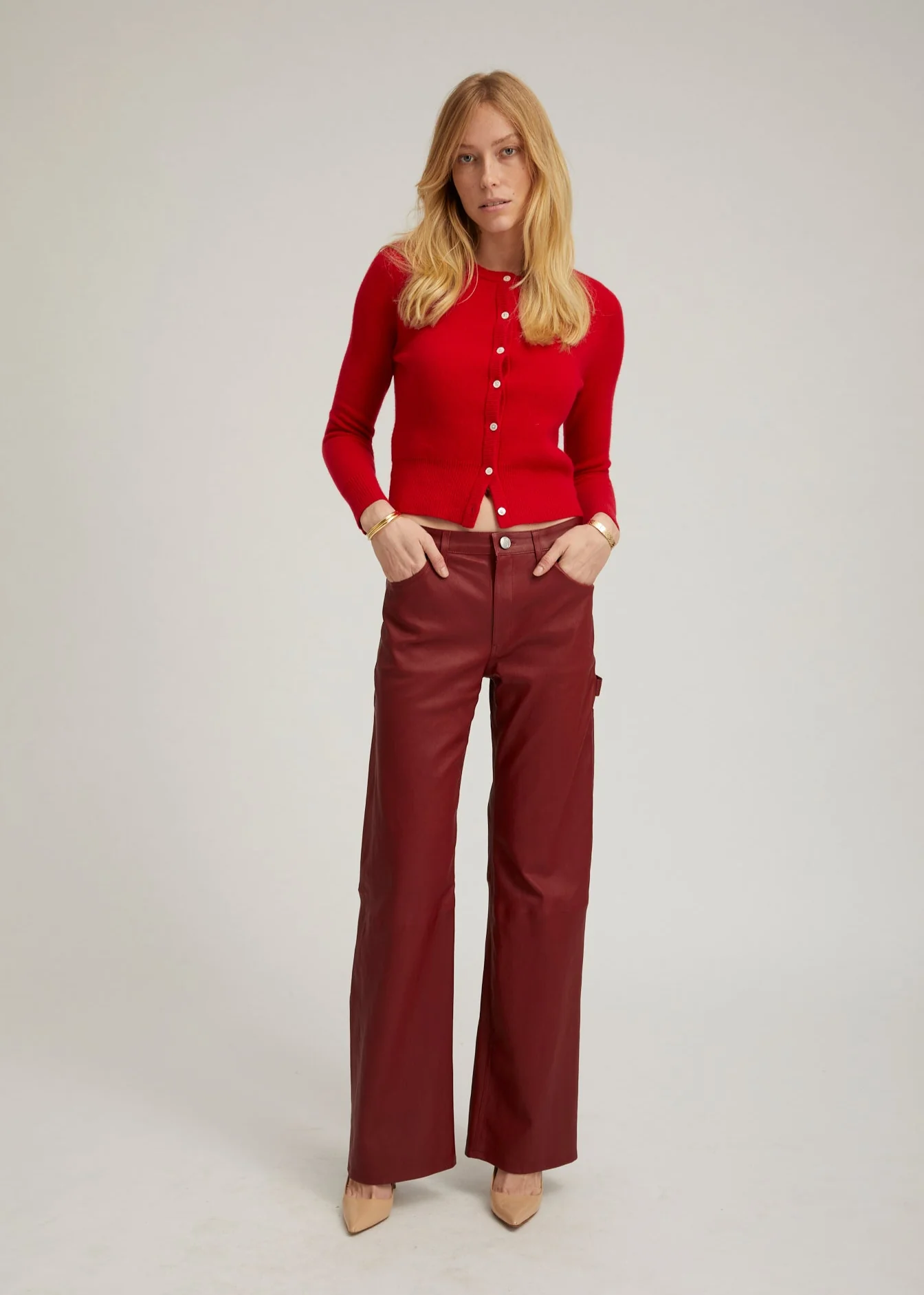 Leather Carpenter Pants in Cherry