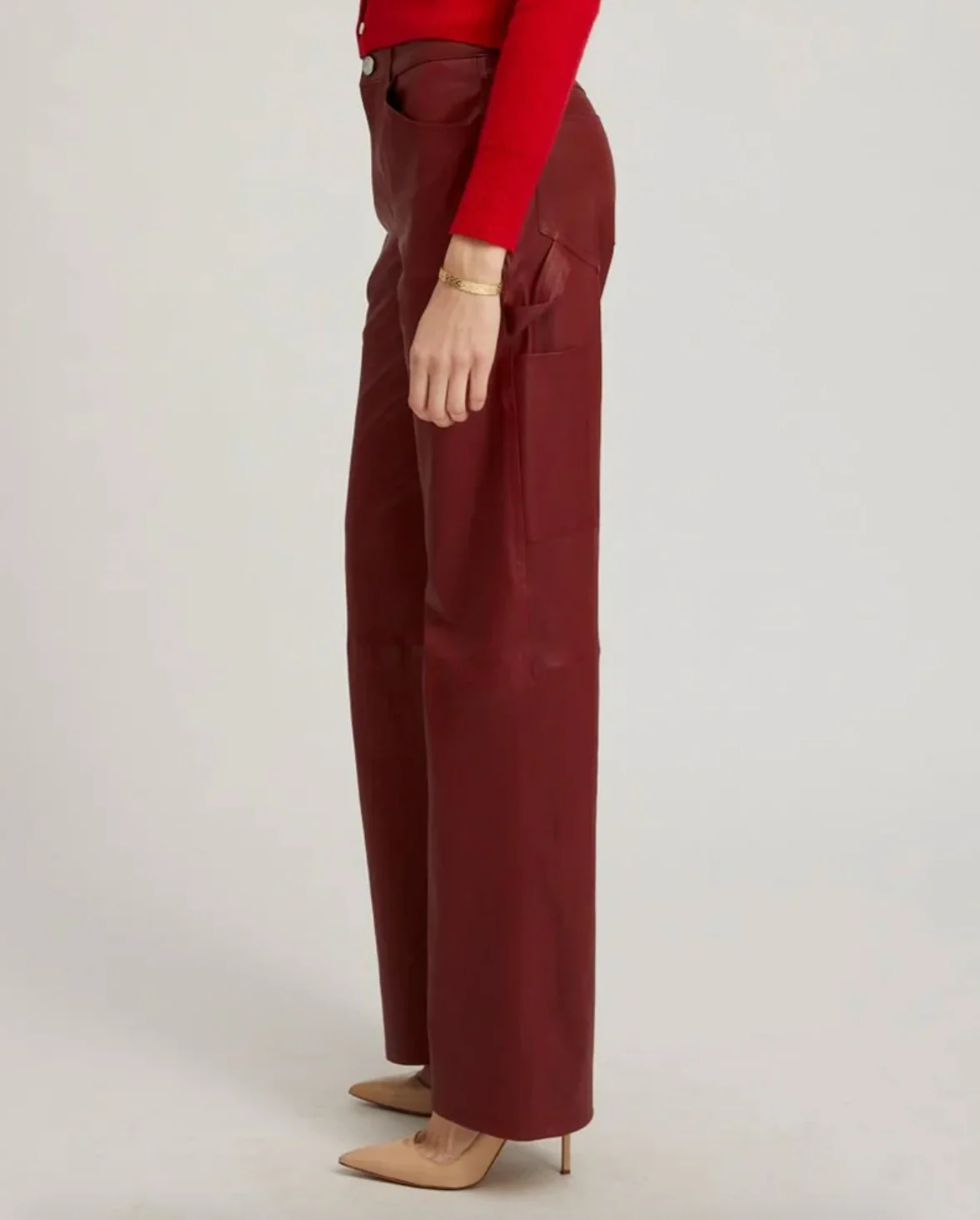 Leather Carpenter Pants in Cherry - Image 3