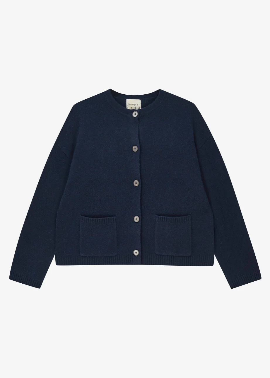 Cashmere Heavy Crew Cardigan in Navy