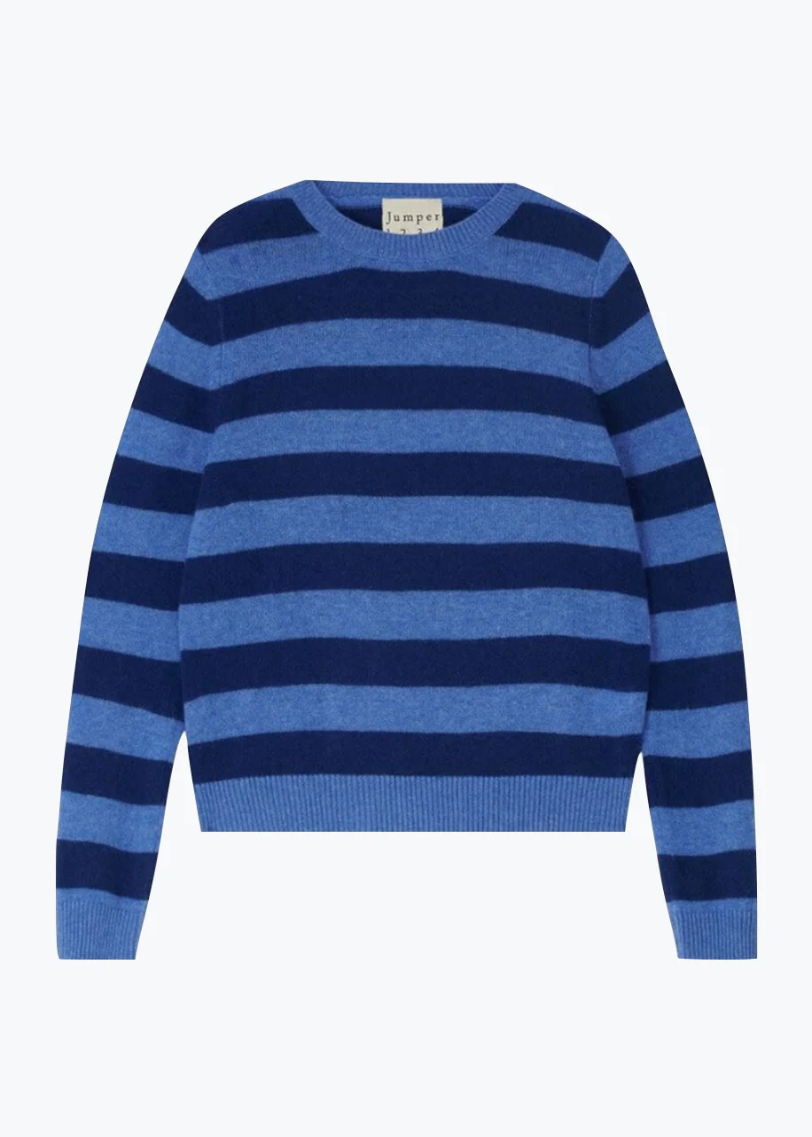 Cashmere Stripe Crew Sweater in Periwinkle and Denim