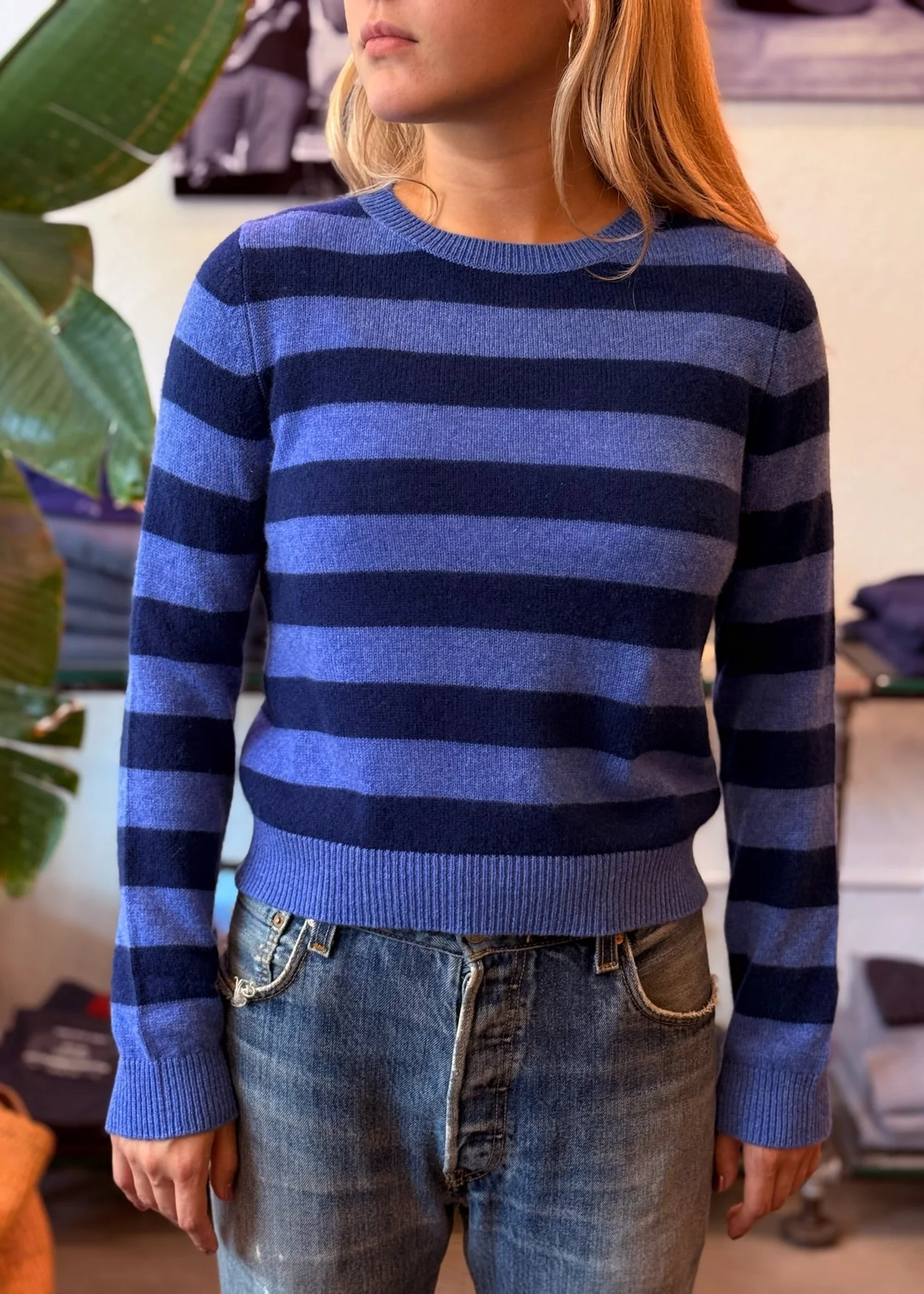 Cashmere Stripe Crew Sweater in Periwinkle and Denim - Image 2