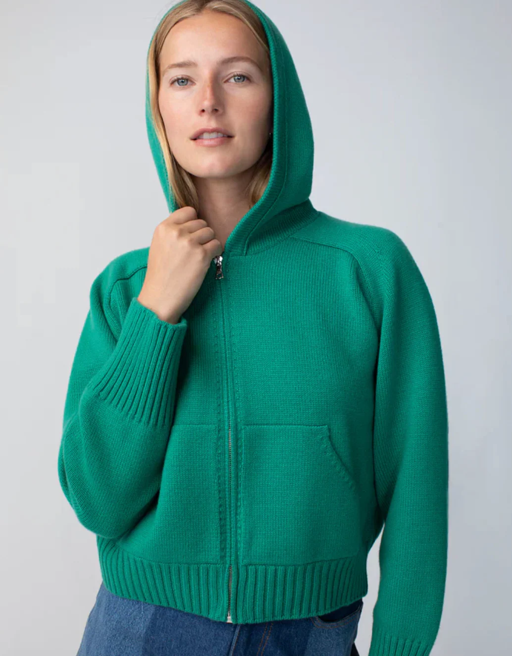 Cashmere Zip Up Hoodie in Green - Image 3