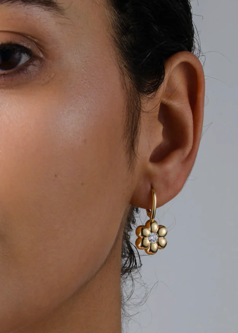 Diamond Flower Puff Clip Hoop Earrings - Image 2