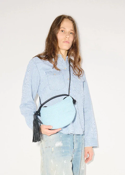 Elis Mini Crescent Bag in Sky Blue Raffia - Image 3