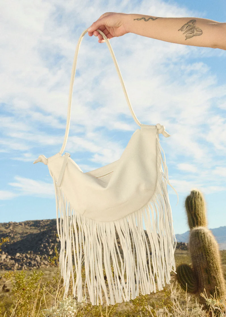Erika Crescent Fringe Bag in Bone - Image 3