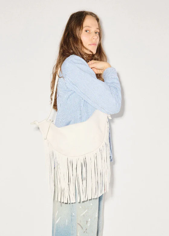 Erika Crescent Fringe Bag in Bone - Image 4