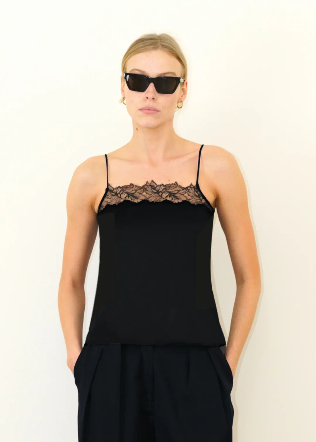 Haya Lace Trim Square Neck Silk Cami in Black