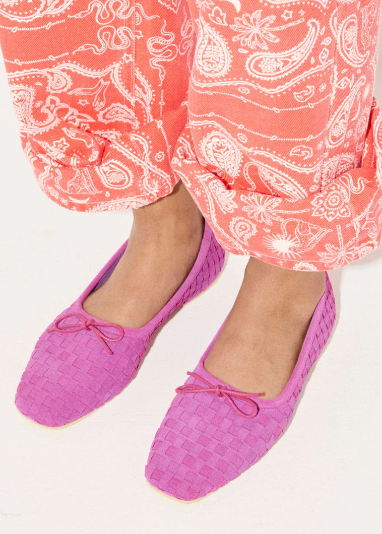 Jada Square Toe Ballet Flat in Woven Magenta Suede - Image 2