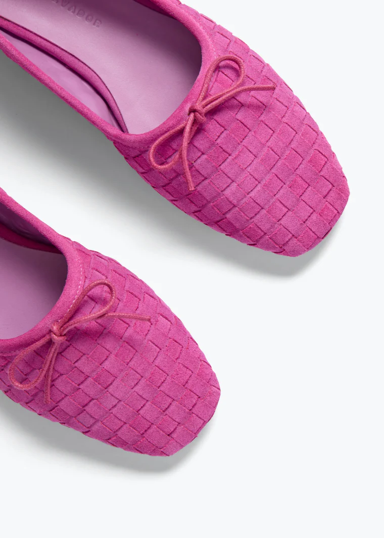 Jada Square Toe Ballet Flat in Woven Magenta Suede - Image 3