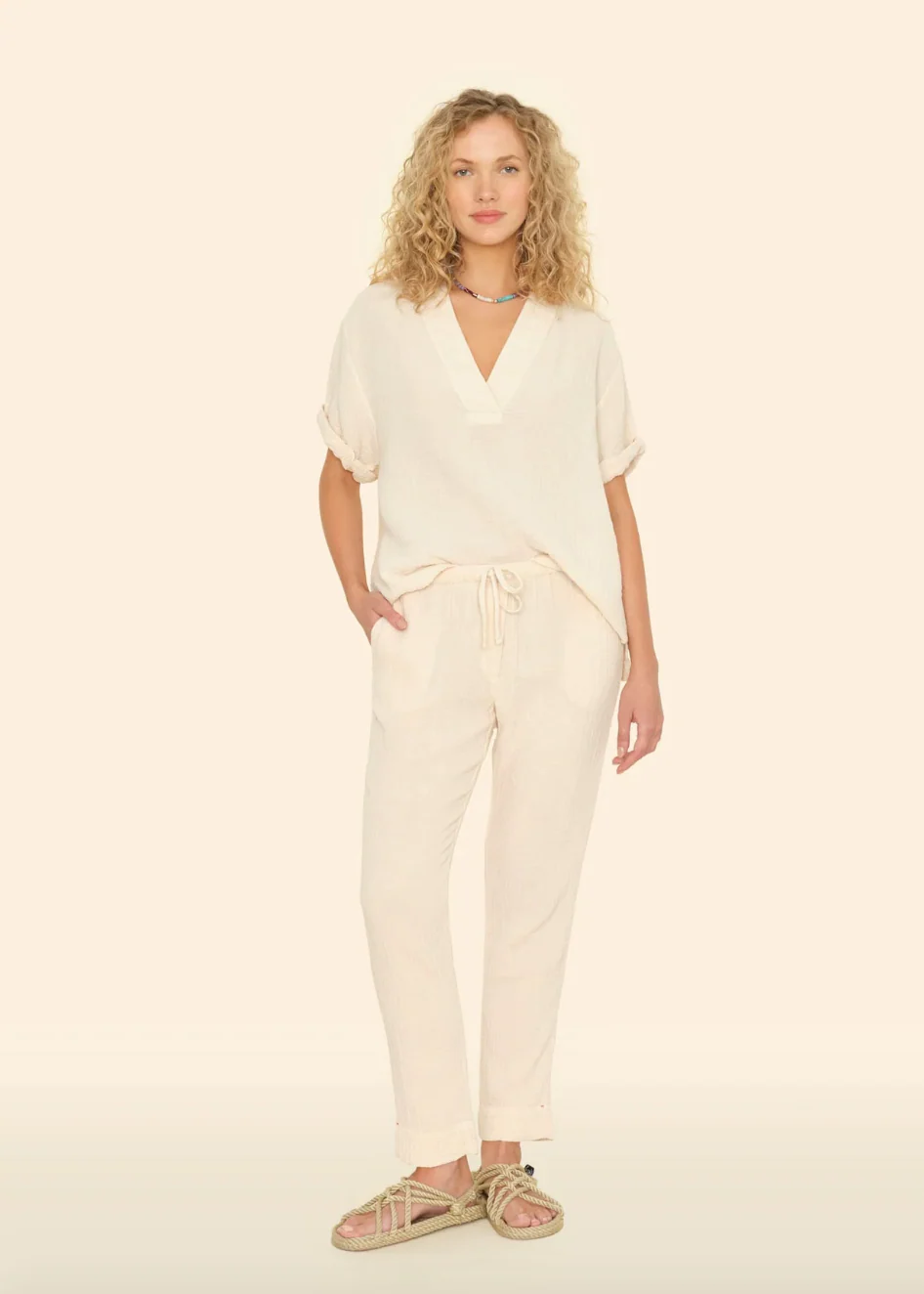 Jordyn Cotton Gauze Pant in Oysterette
