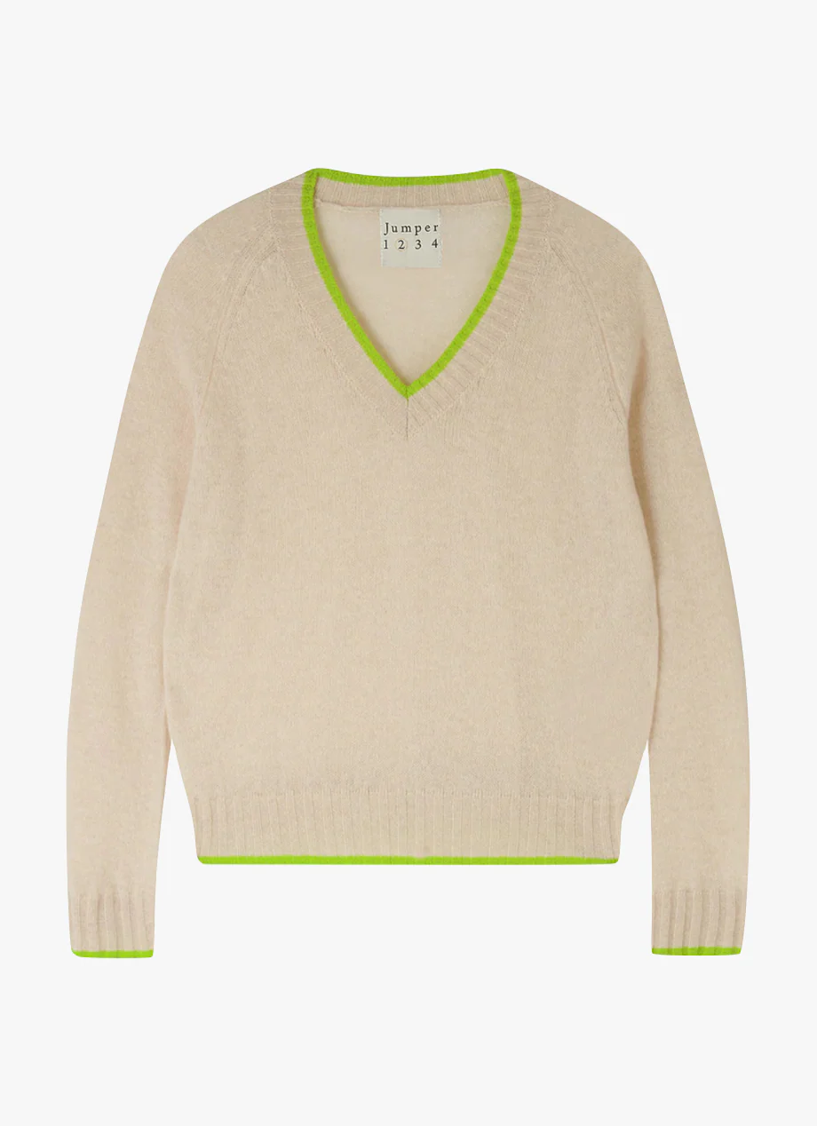 Cashmere Contrast Tip V-Neck Sweater in Oatmeal