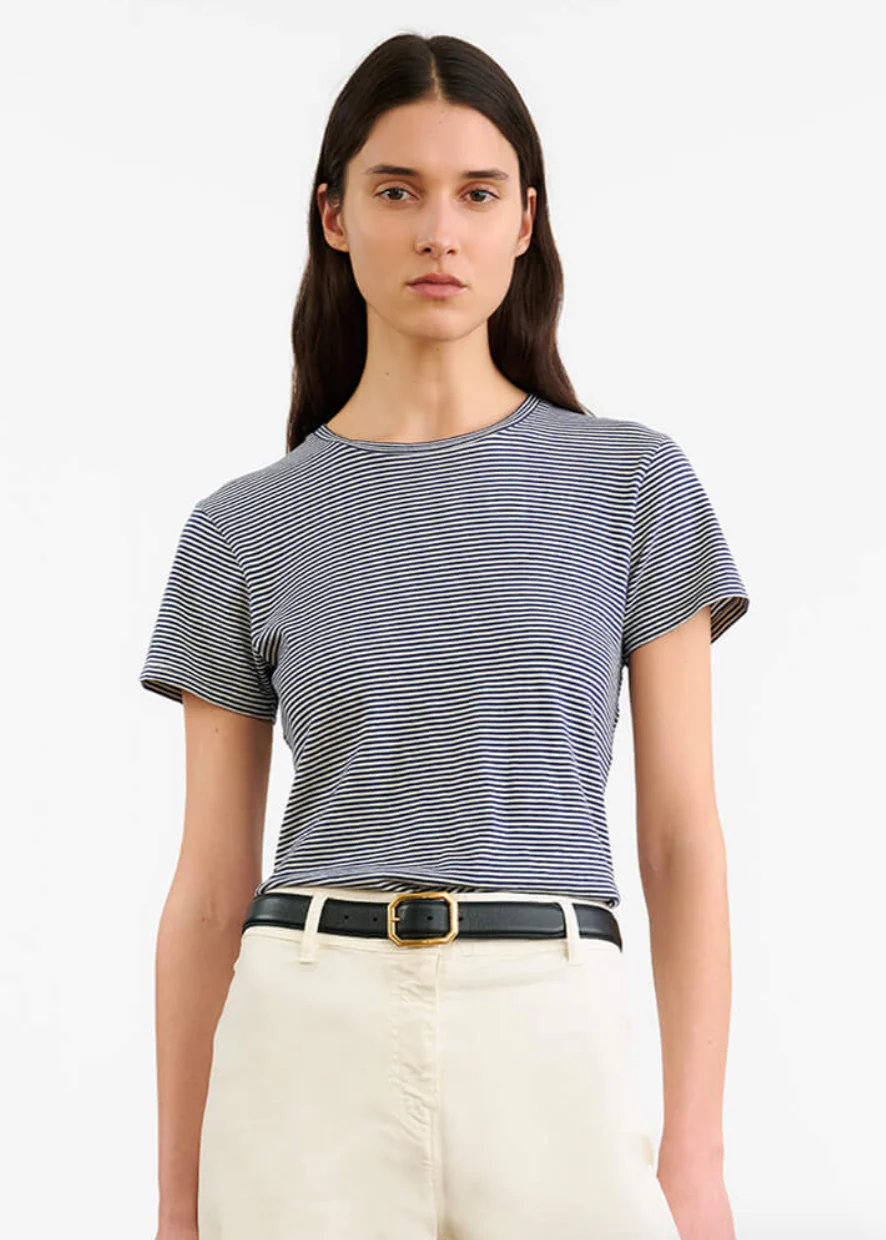 Lana Crewneck Tee in Ivory & Navy Stripe - Image 2