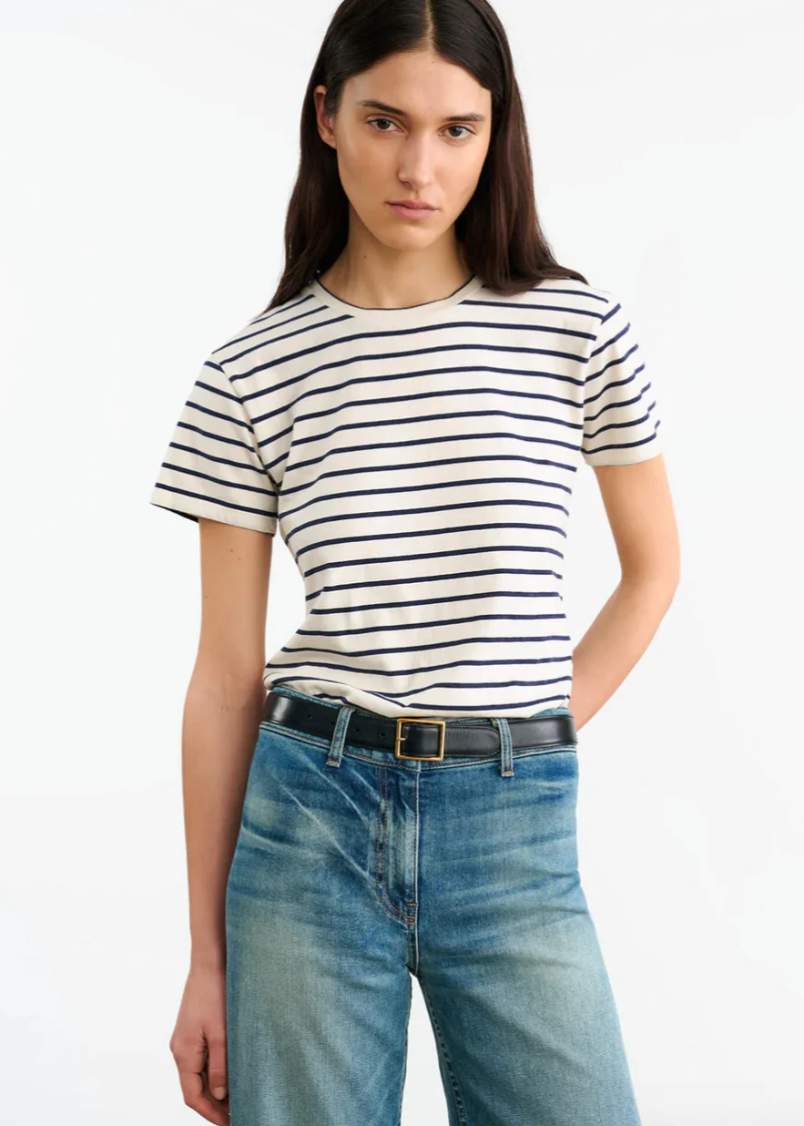 Lana Crewneck Tee in Natural & Navy Stripe - Image 2