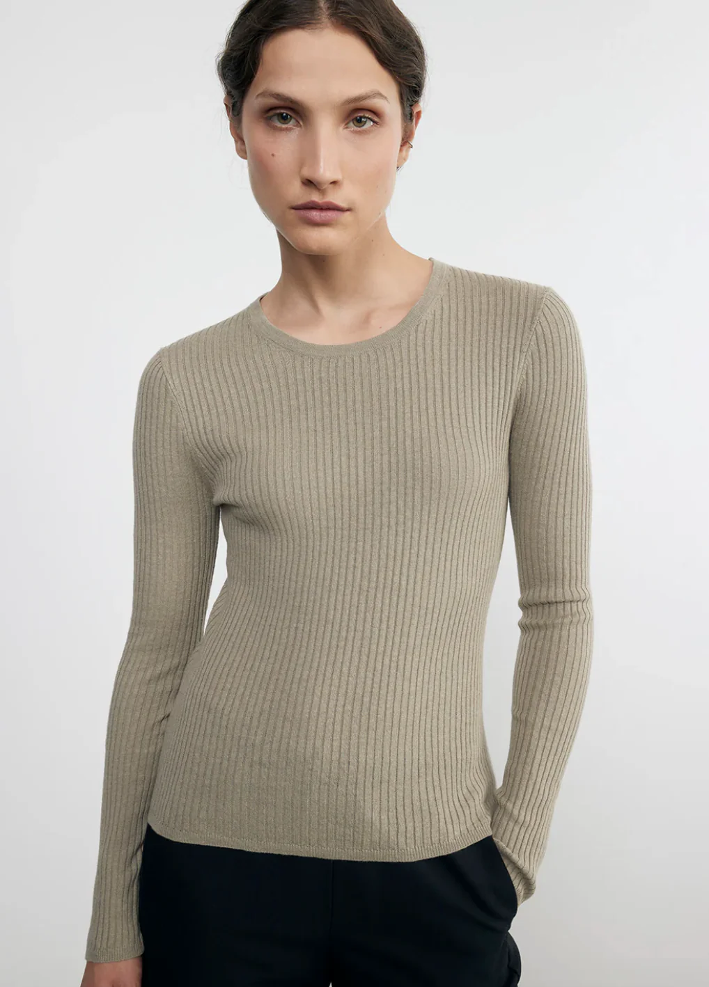 Linen Cotton Long Sleeve Sweater Tee in Ash