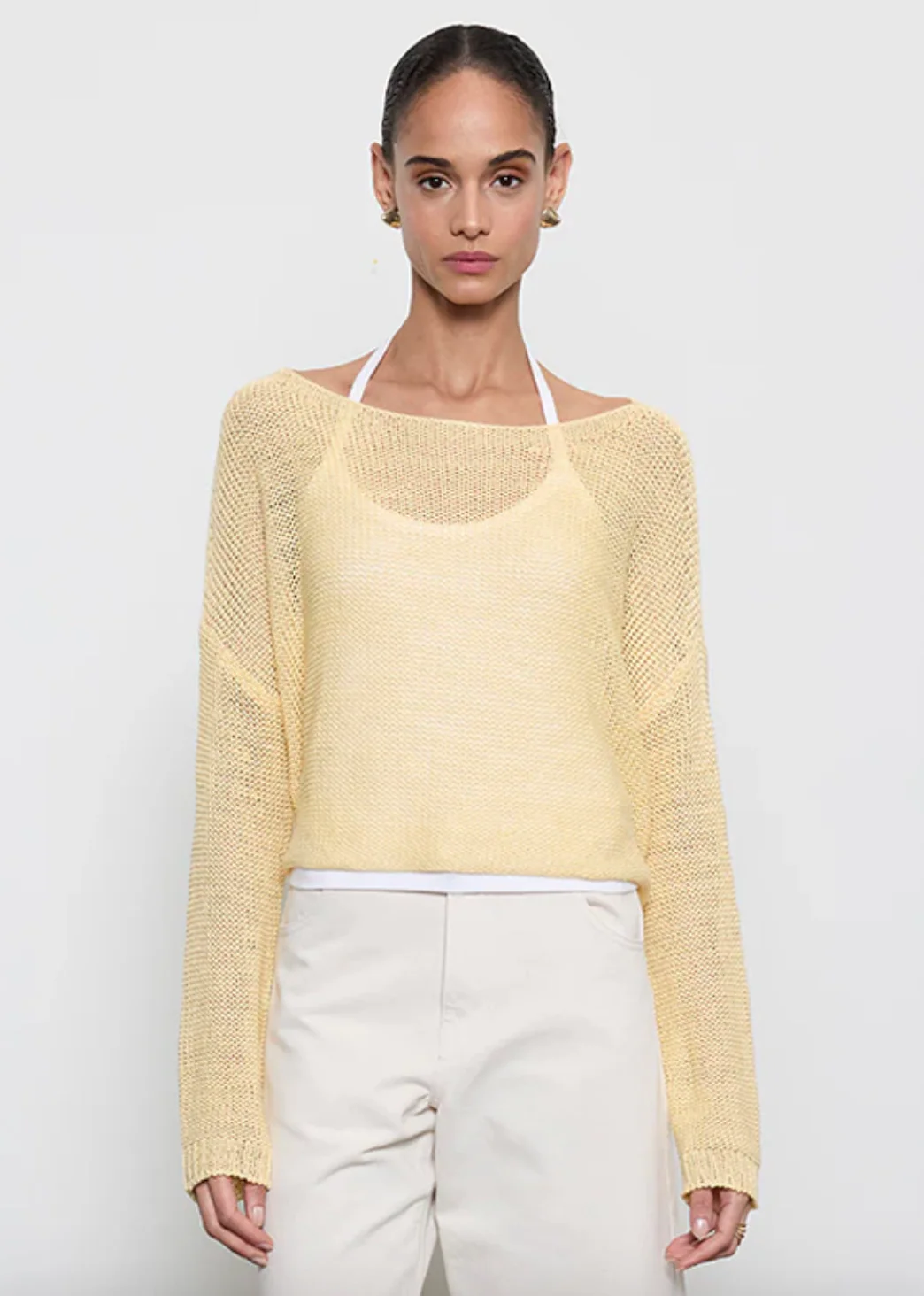 Linen Open Knit Bateau Sweater in Flan
