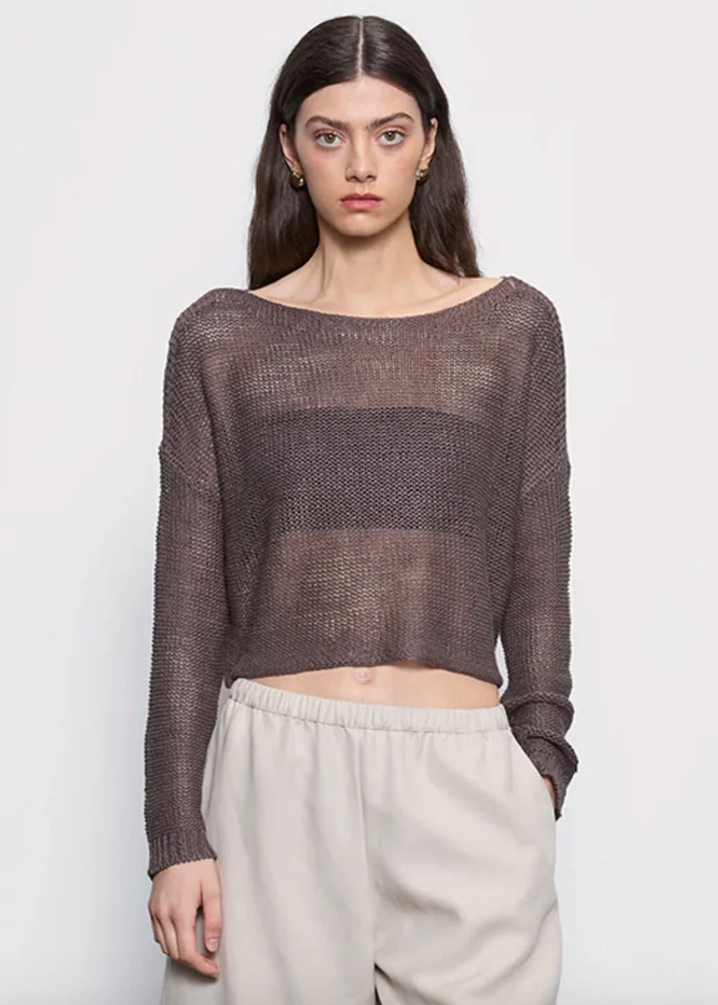 Linen Open Knit Bateau Sweater in Pebble