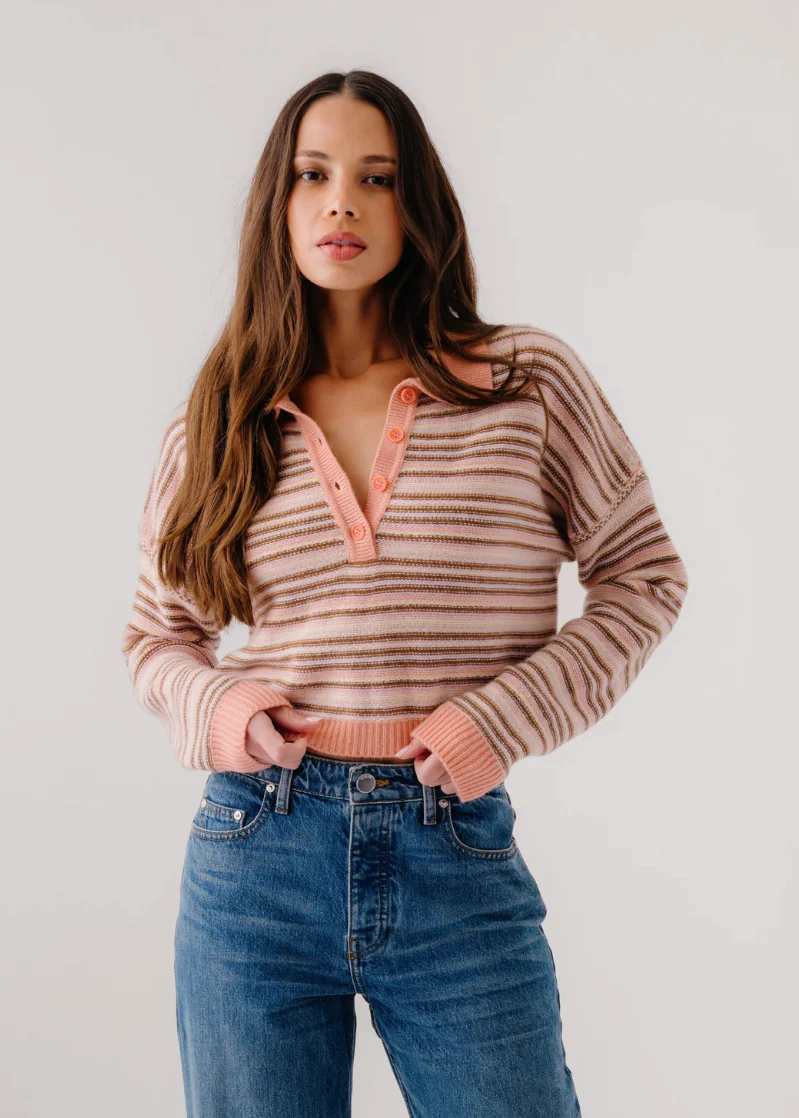 Maddie Long Sleeve Cropped Stripe Polo in Melon