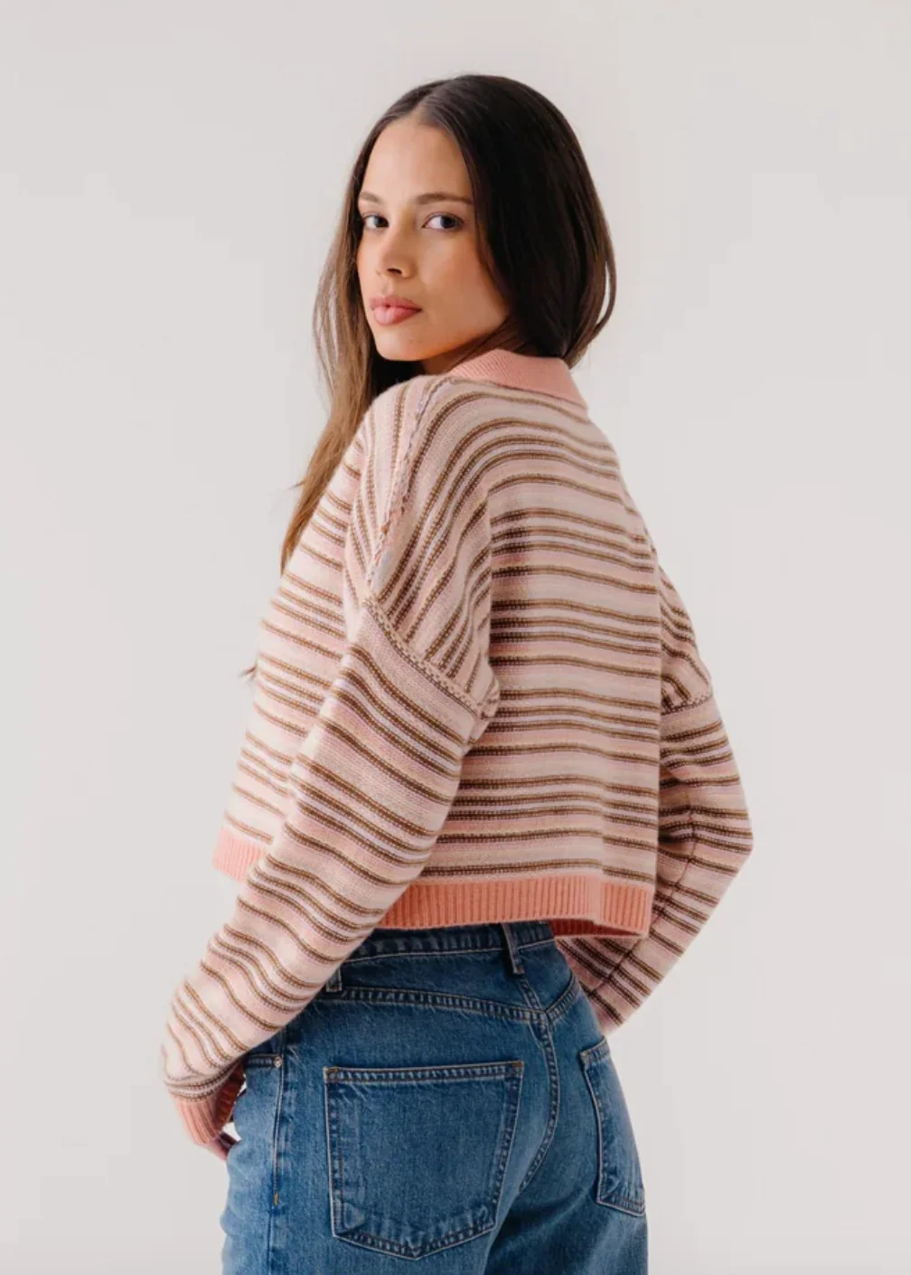 Maddie Long Sleeve Cropped Stripe Polo in Melon - Image 3