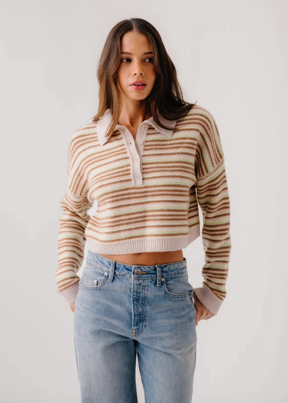 Maddie Long Sleeve Cropped Stripe Polo in Buttercup