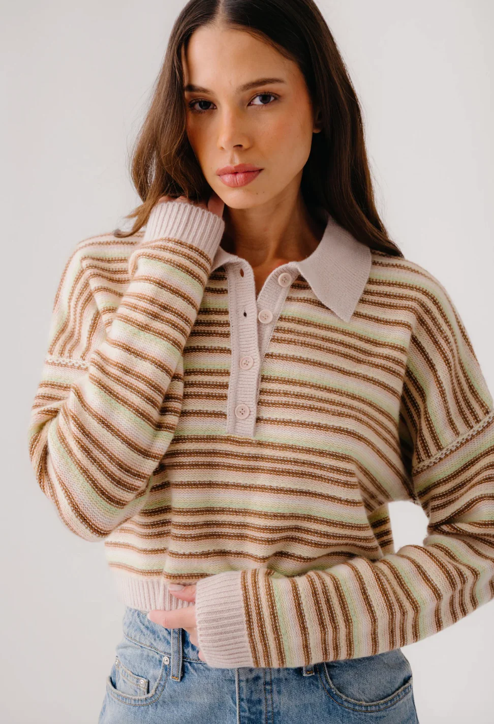 Maddie Long Sleeve Cropped Stripe Polo in Buttercup - Image 2