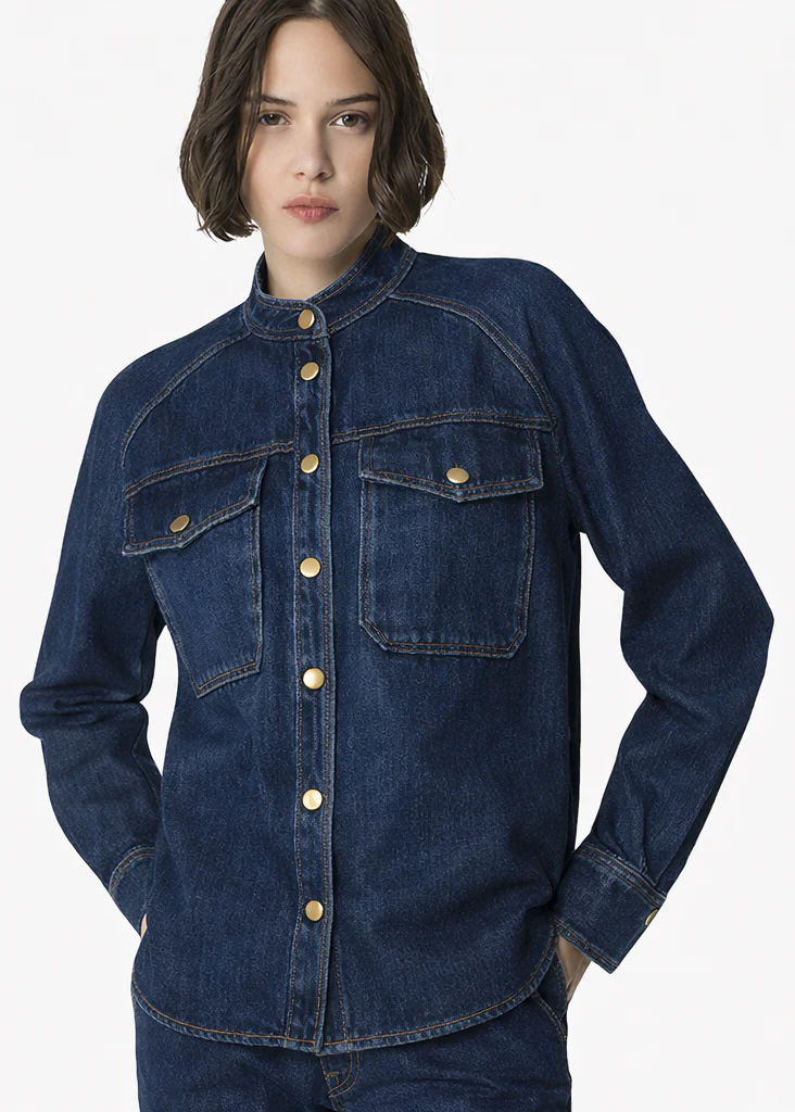 Mandarin Collar Shirt in Indigo Cavalry Denim - Image 2