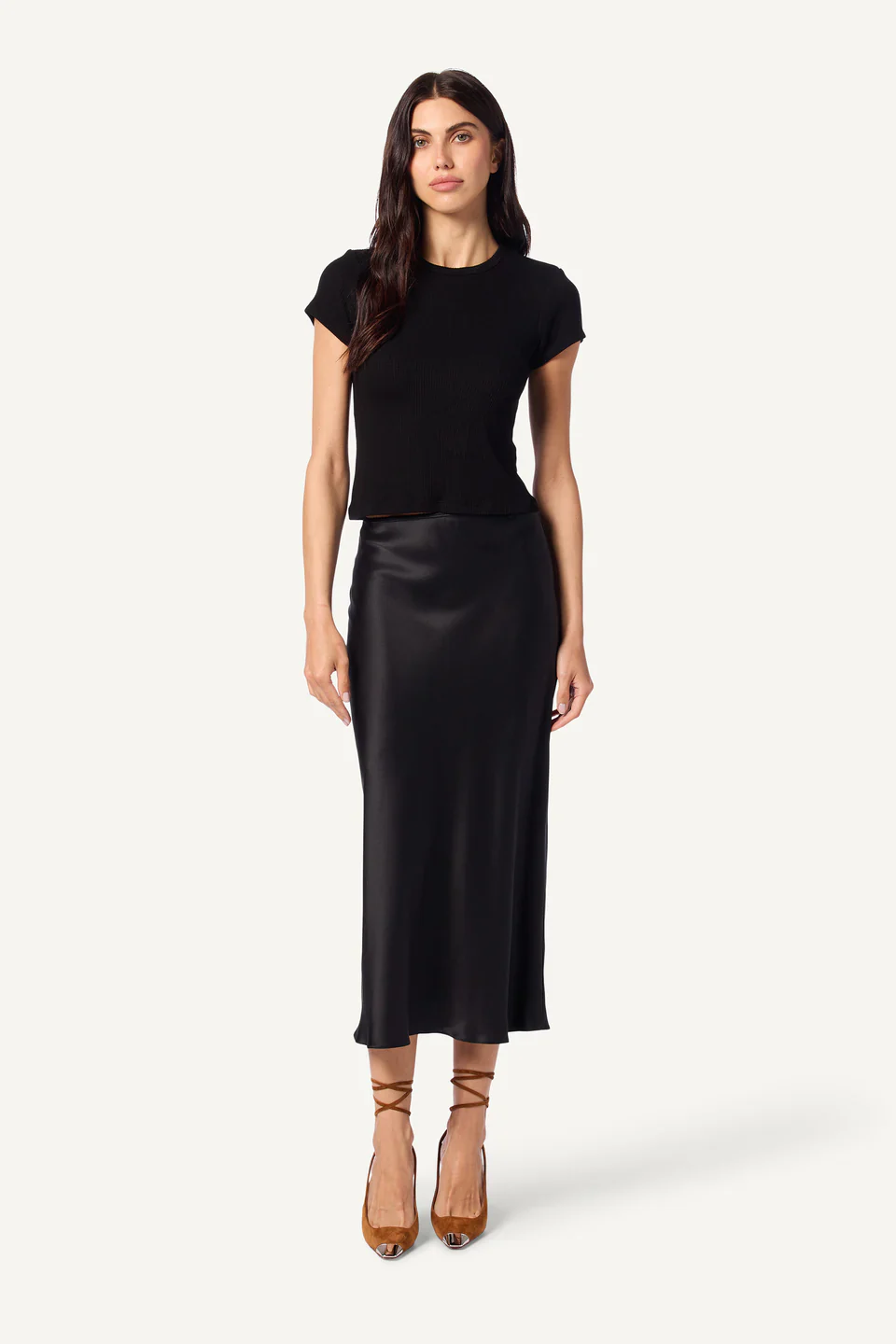 Miranda Scallop Trim Silk Midi Skirt in Black