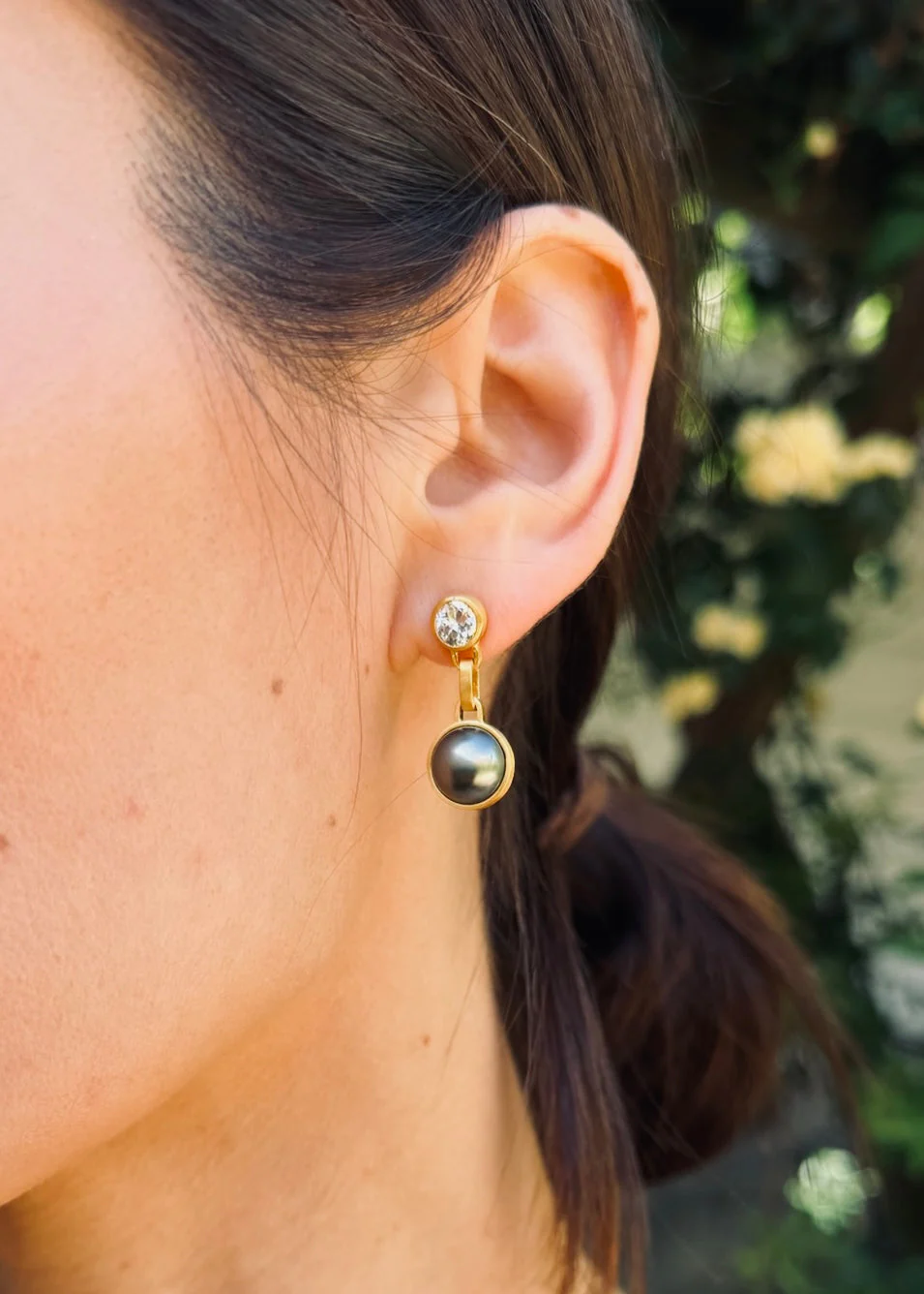 One-of-a-Kind Old Mine Cut Diamond & Tahitian Pearl Gem Drop Earrings - Image 2
