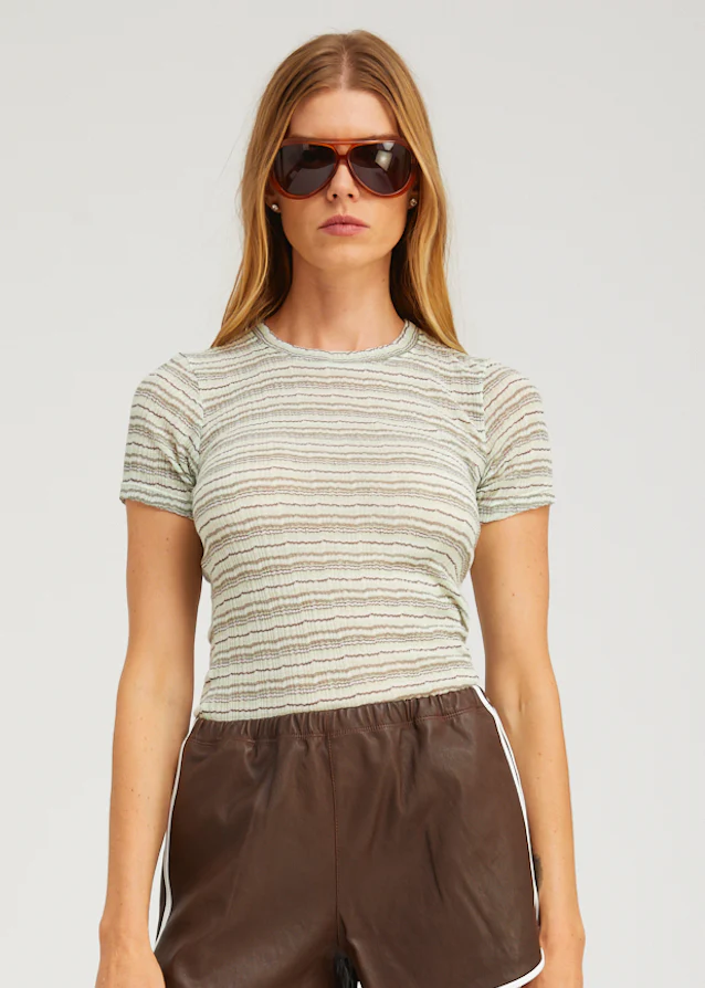 Pointelle Baby Tee in Pistachio Stripe - Image 2