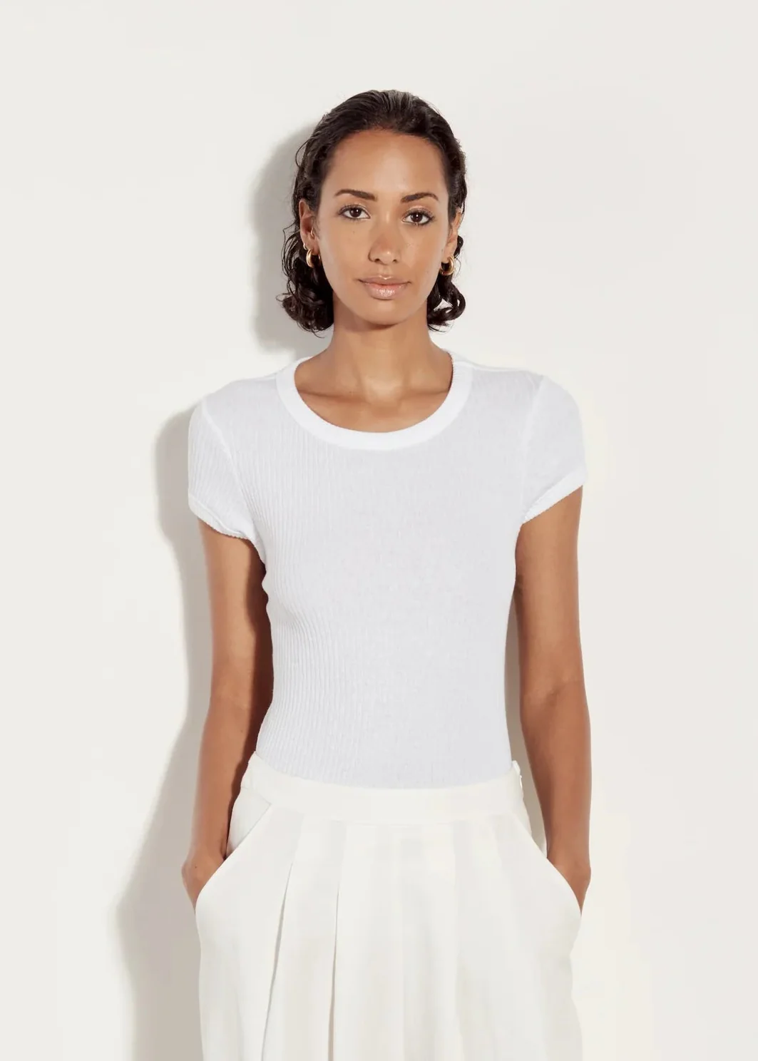 Pointelle Knit Cap Sleeve Crew in White
