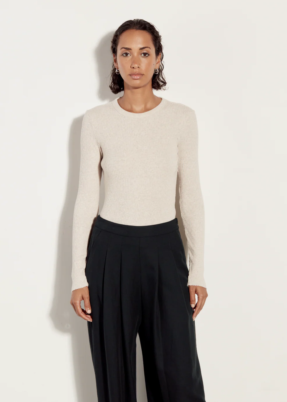 Pointelle Knit Long Sleeve Crew in Oatmeal