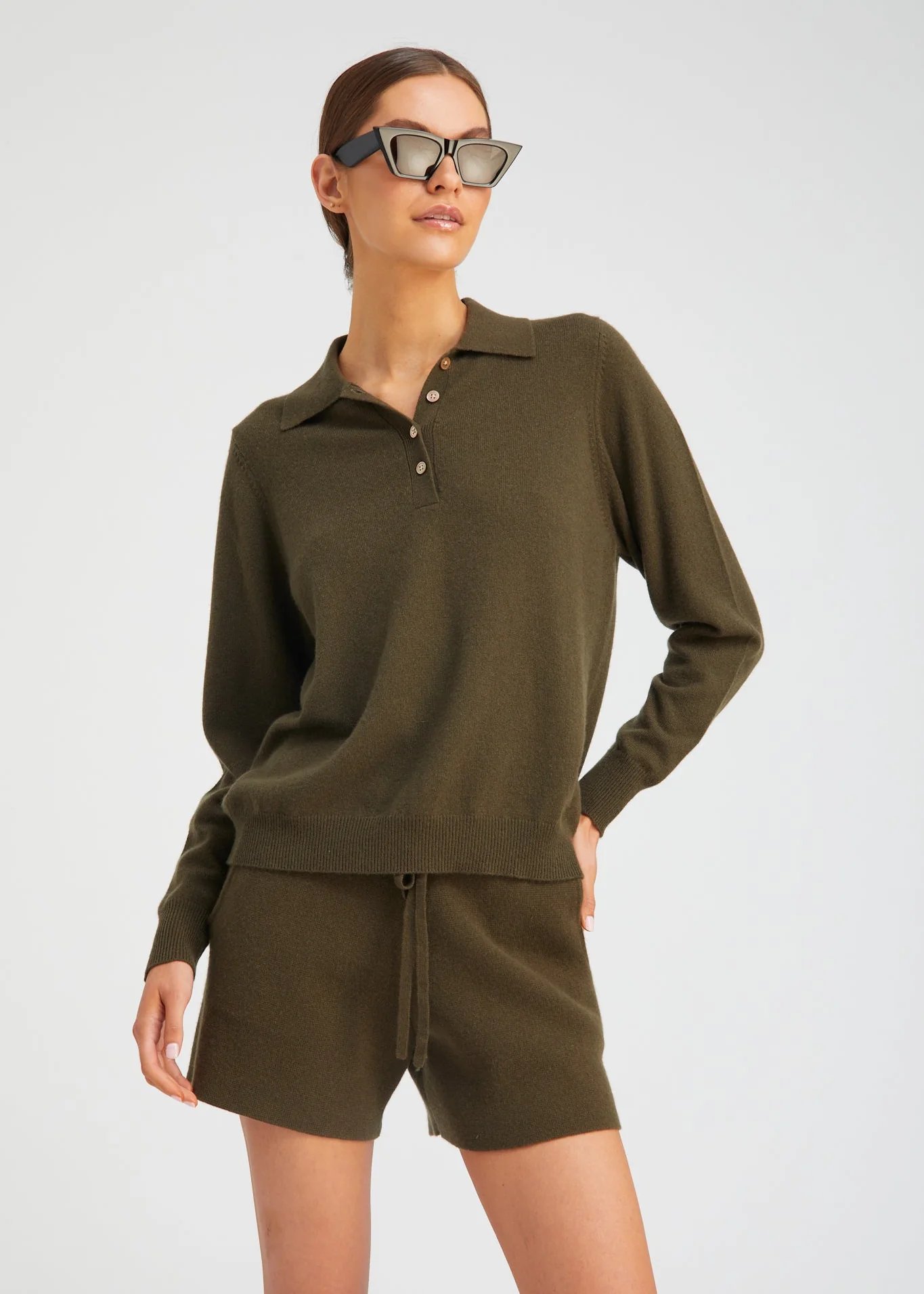 Cashmere Polo Sweater in Olive - Image 2