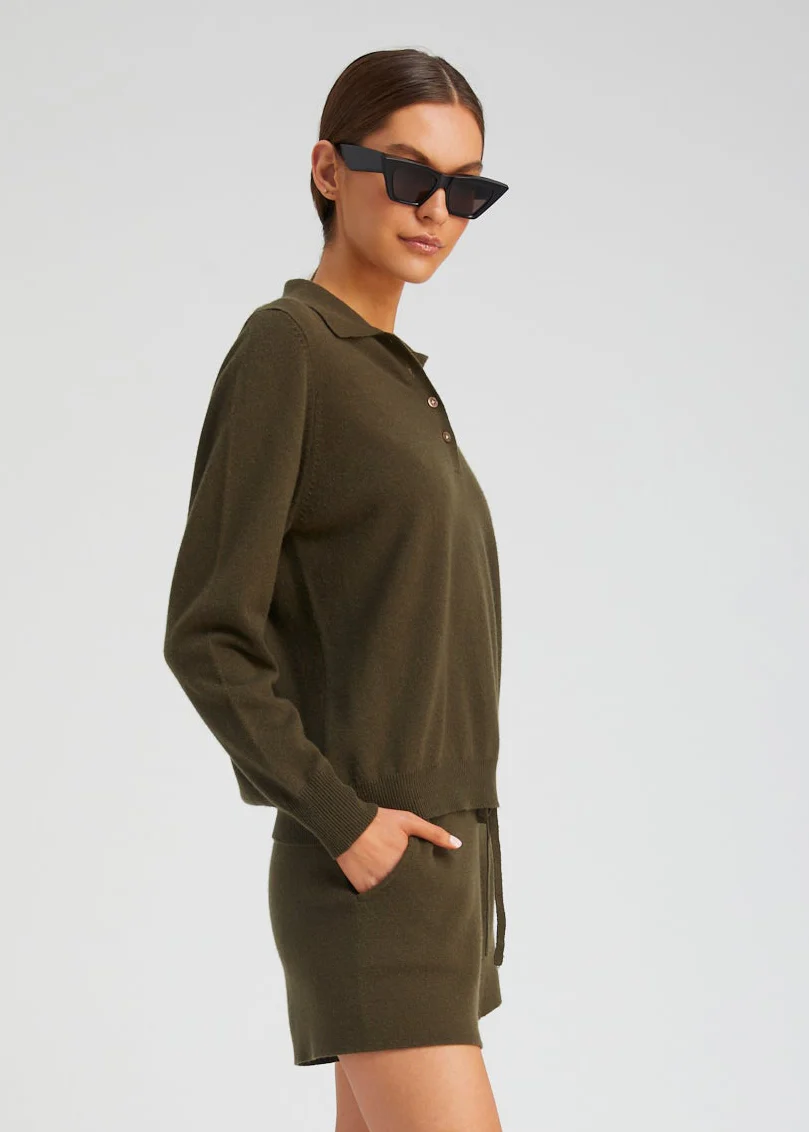 Cashmere Polo Sweater in Olive - Image 3