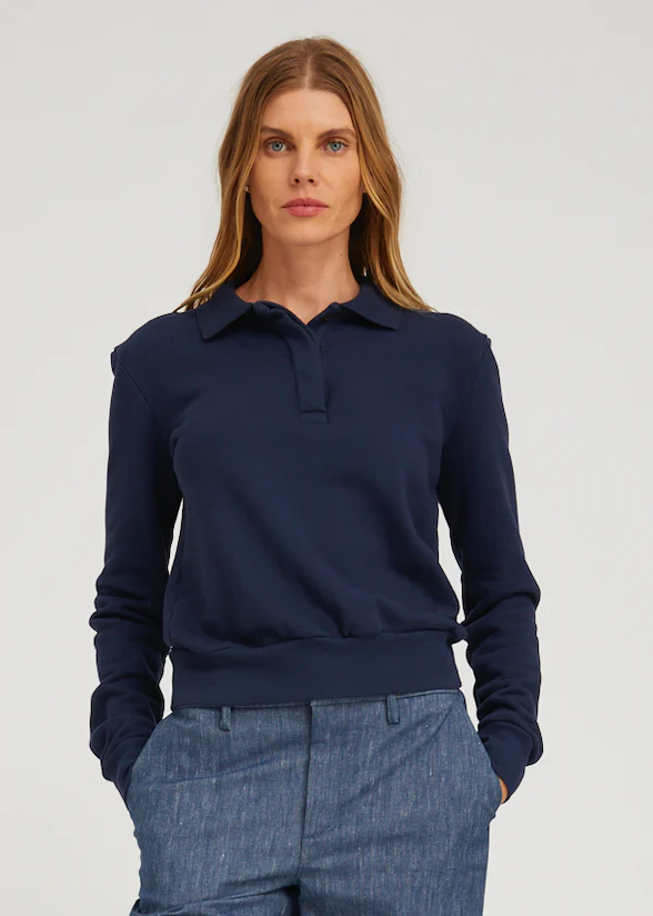 Cotton Terry Polo Sweatshirt in Navy - Image 2