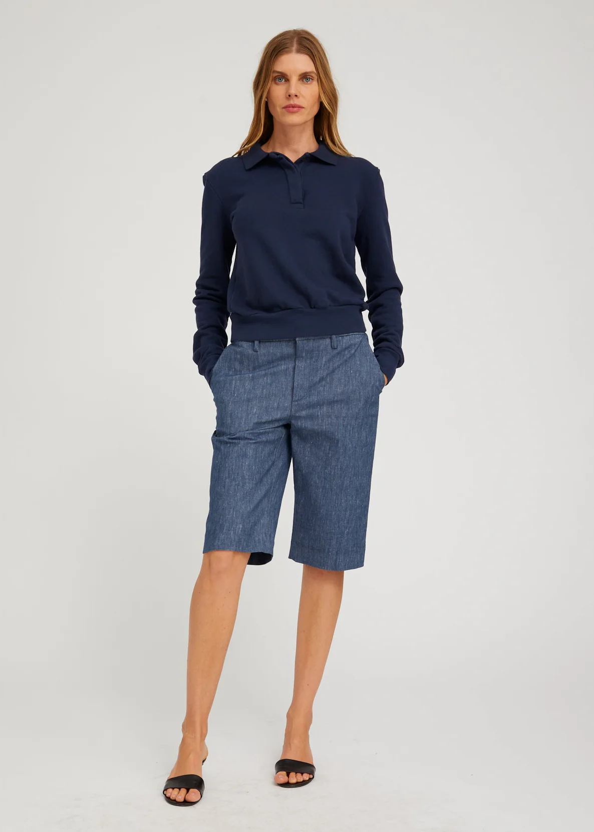 Cotton Terry Polo Sweatshirt in Navy - Image 3