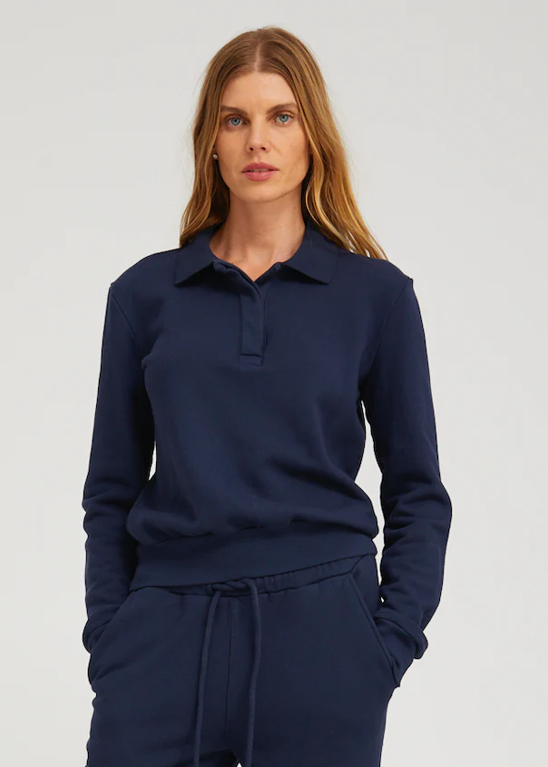 Cotton Terry Polo Sweatshirt in Navy - Image 5