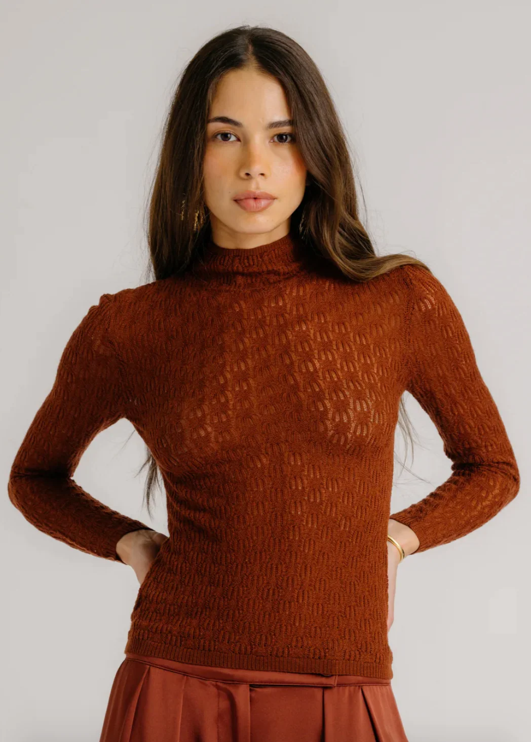Rhea Mock Neck Top in Mahogany