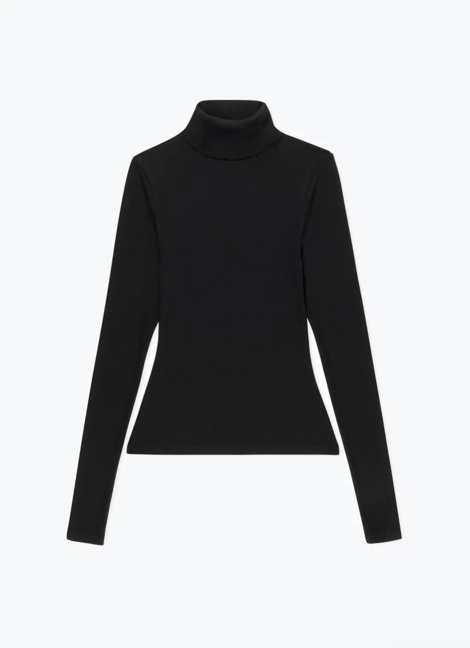 Rib Long Sleeve Turtle Neck in Black