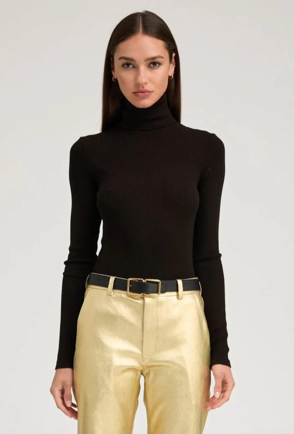 Rib Long Sleeve Turtle Neck in Black - Image 2