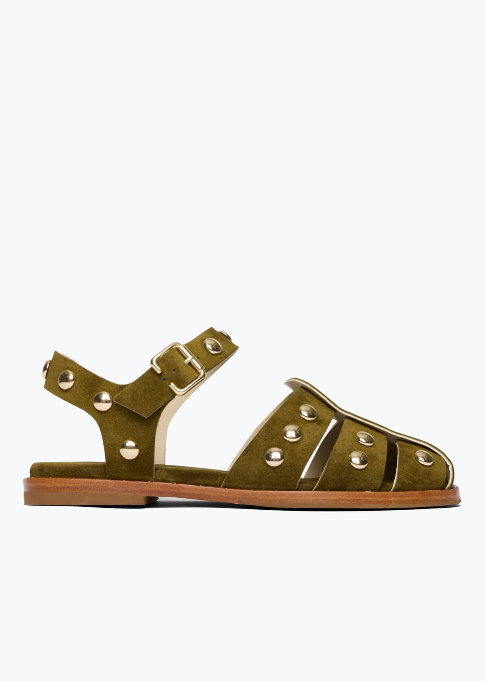 Sera Gold Studded Fisherman Sandals in Olive Suede