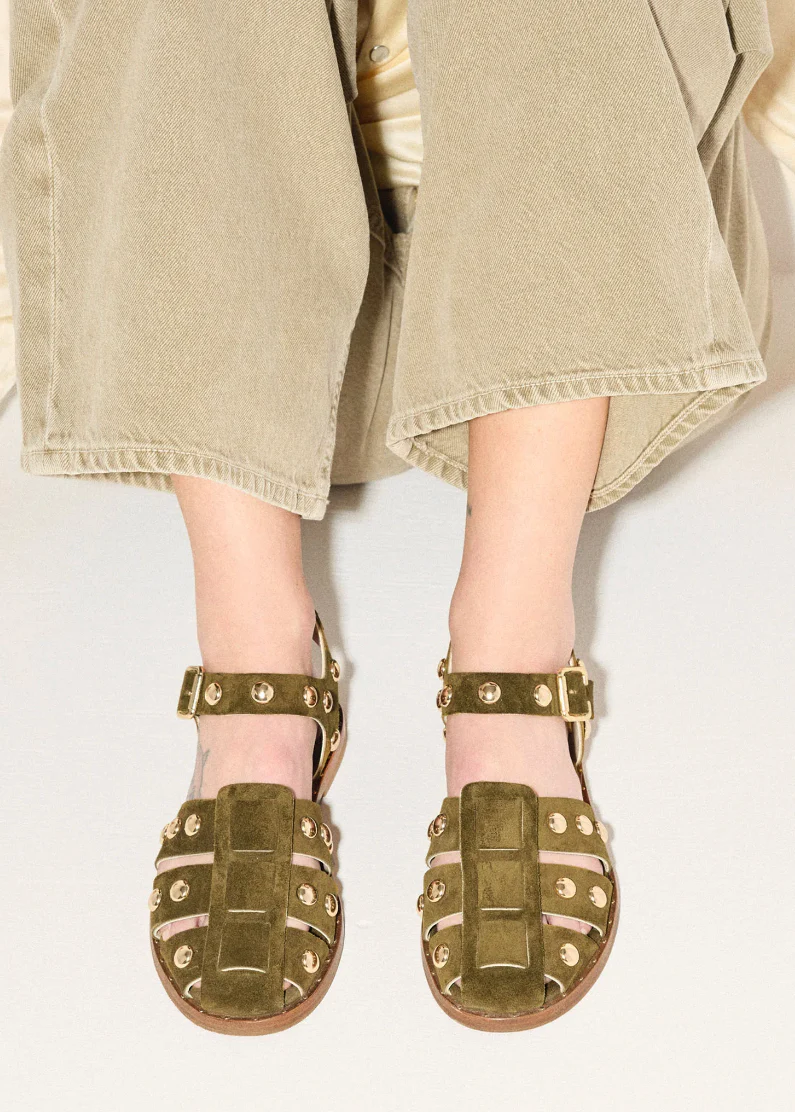 Sera Gold Studded Fisherman Sandals in Olive Suede - Image 2