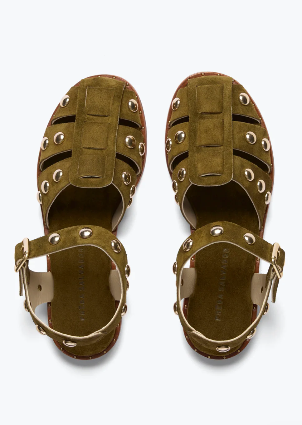 Sera Gold Studded Fisherman Sandals in Olive Suede - Image 3