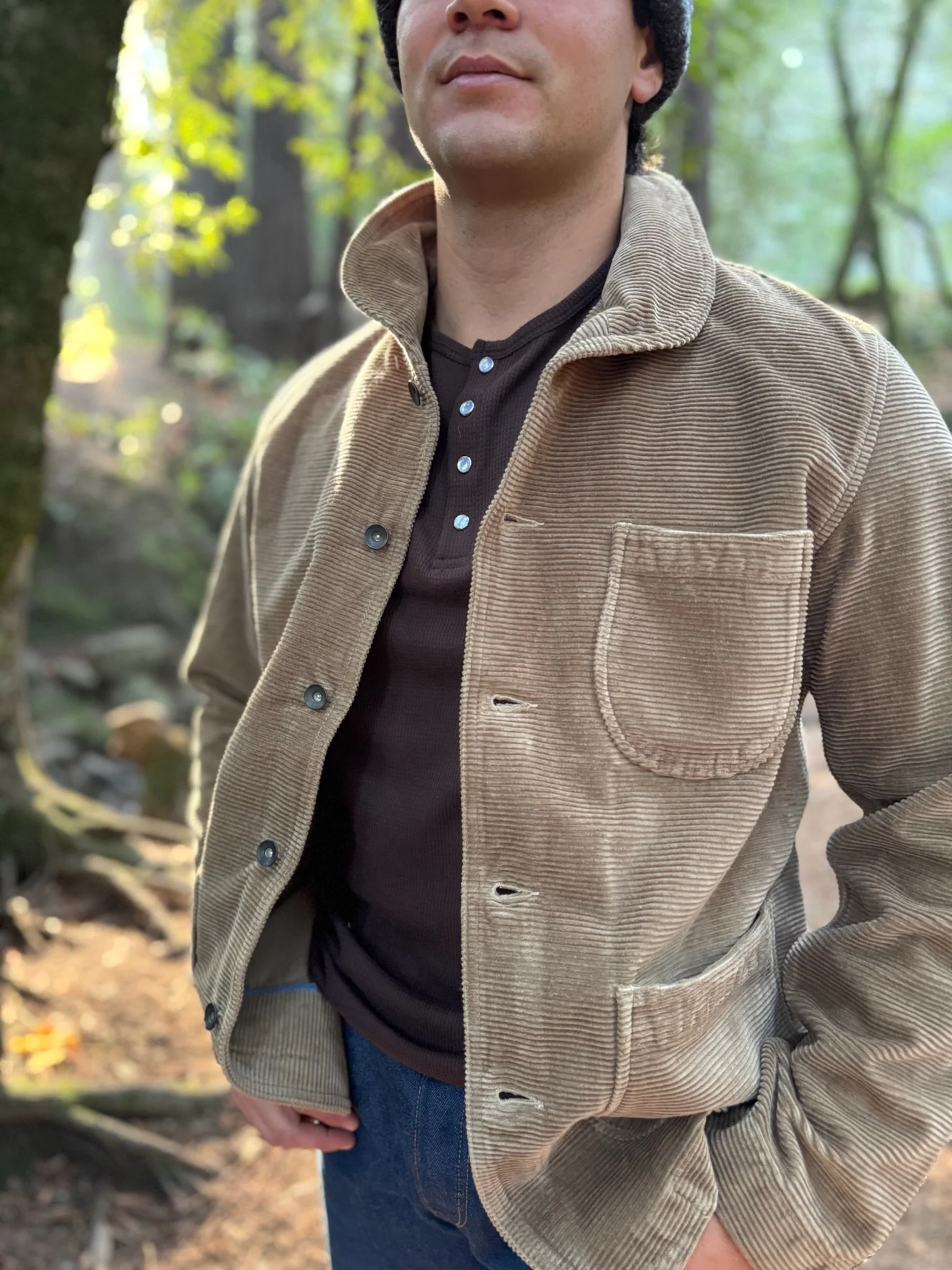 Shawl Collar Corduroy Chore Jacket in Taupe - Image 2